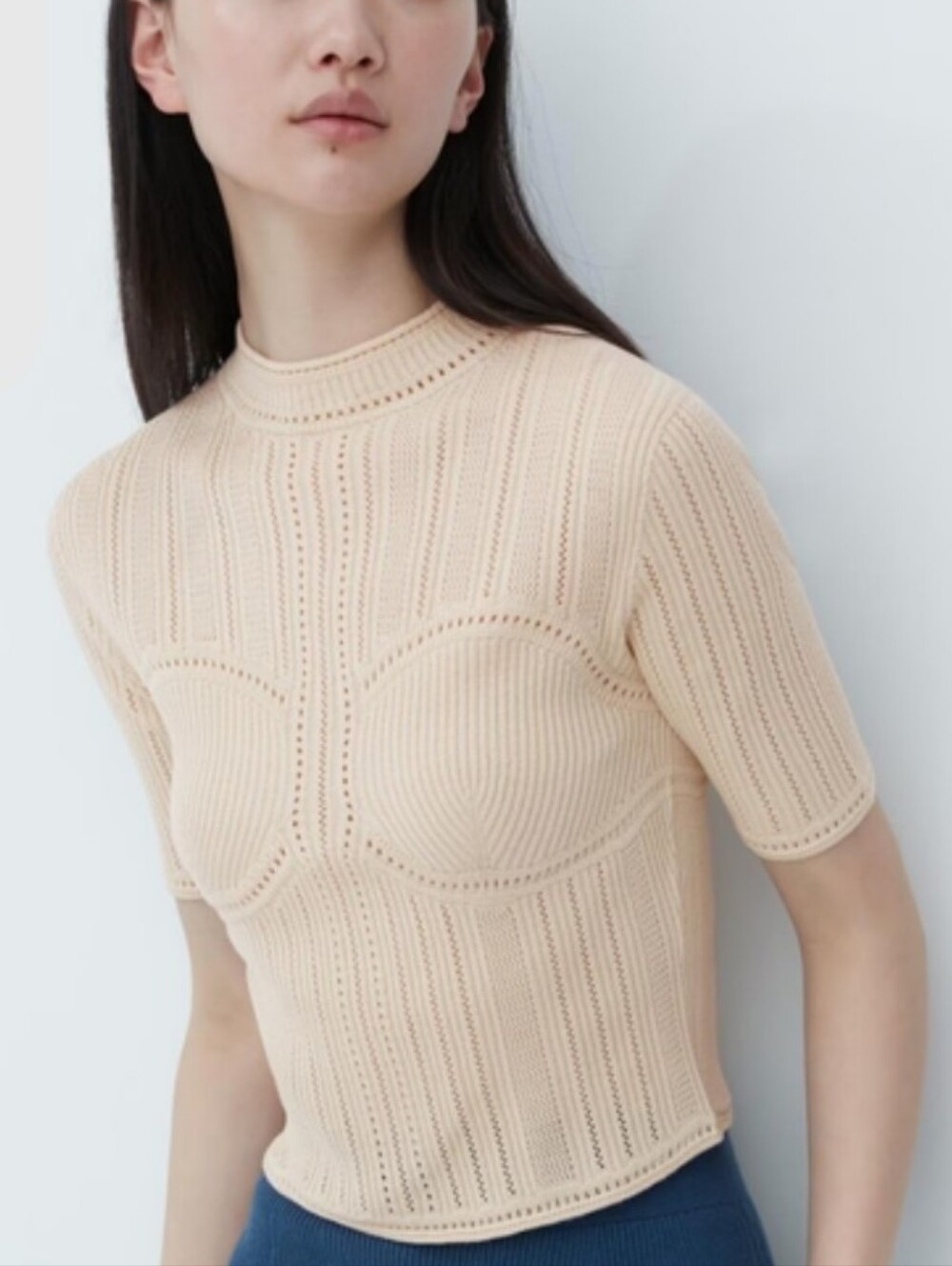 Uniqlo x Mame Kurogouchi 3D Knit Mesh Half Sleeve Sweater, Cream, Size XXL